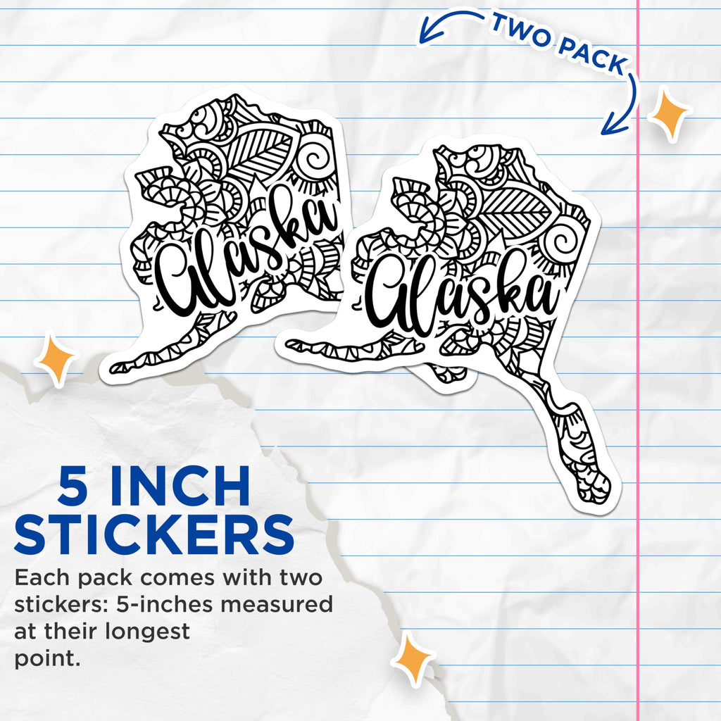 (2 Pack) Alaska Outline Stickers - State Stickers - Mandala Pattern - 5" On Longest Side - Sticks to Smooth Flat Surfaces - Made in USA - BMCS18109