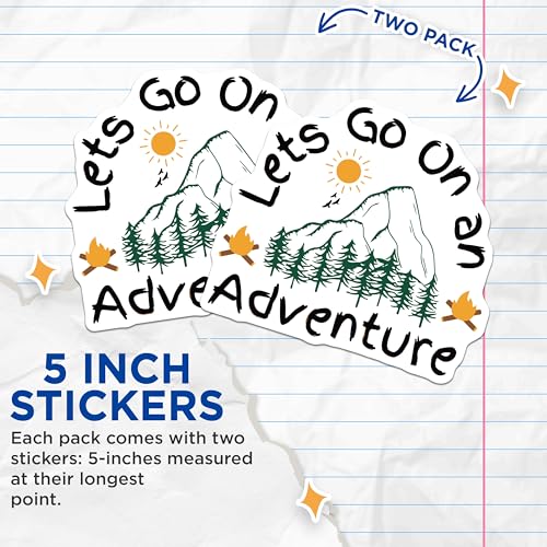 (2 Pack) Lets Go On an Adventure Stickers - Outdoor Adventure - Nature Wandering Decal - 5" On Longest Side - Sticks to Smooth Flat Surfaces - Made in USA - BMCS5645