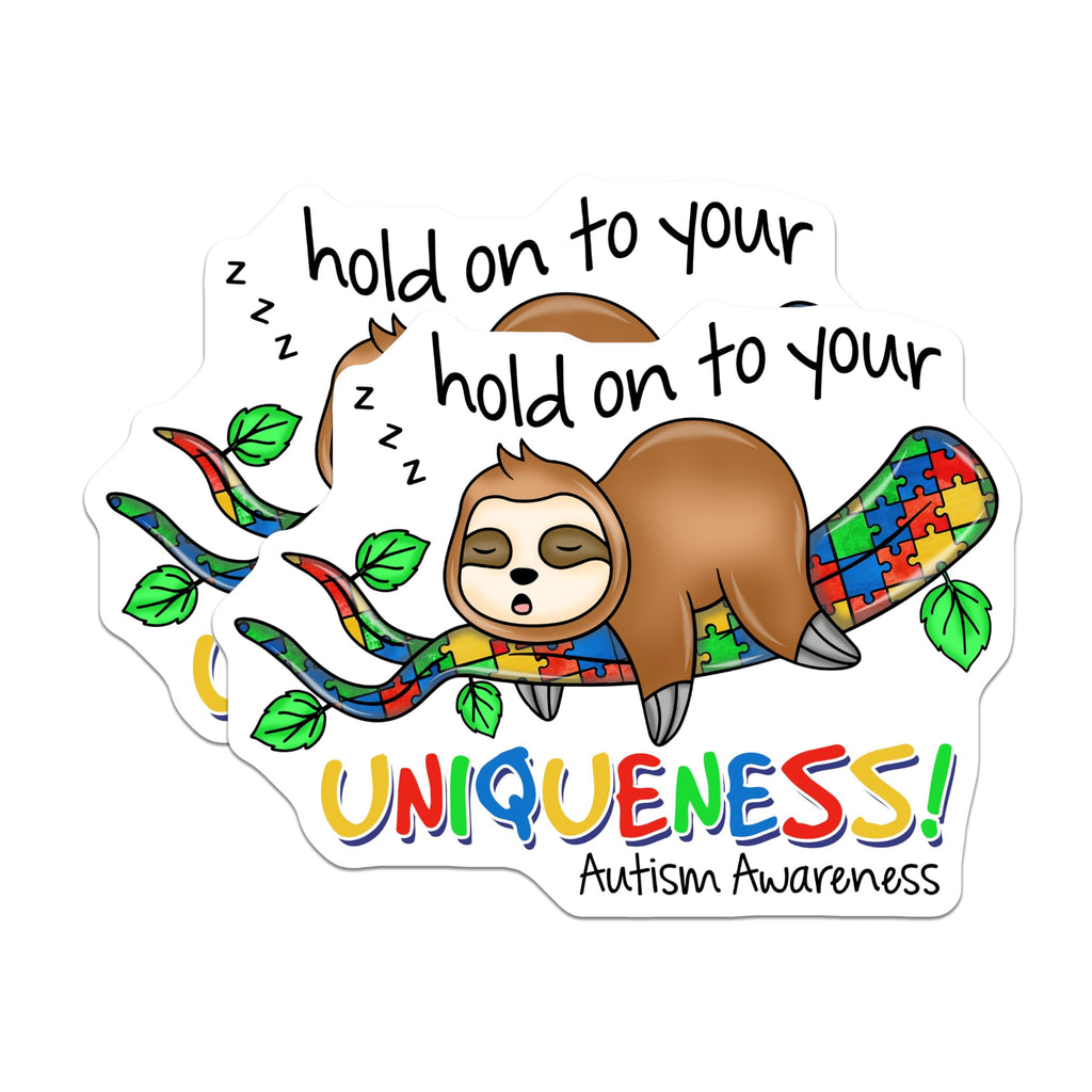 (2 Pack) Autism Awareness Stickers - Hold on to Your Uniqueness - Sloth Puzzle Piece - 5" On Longest Side - Sticks to Smooth Flat Surfaces - Made in USA - BMCS9216 - Inspirational Decal