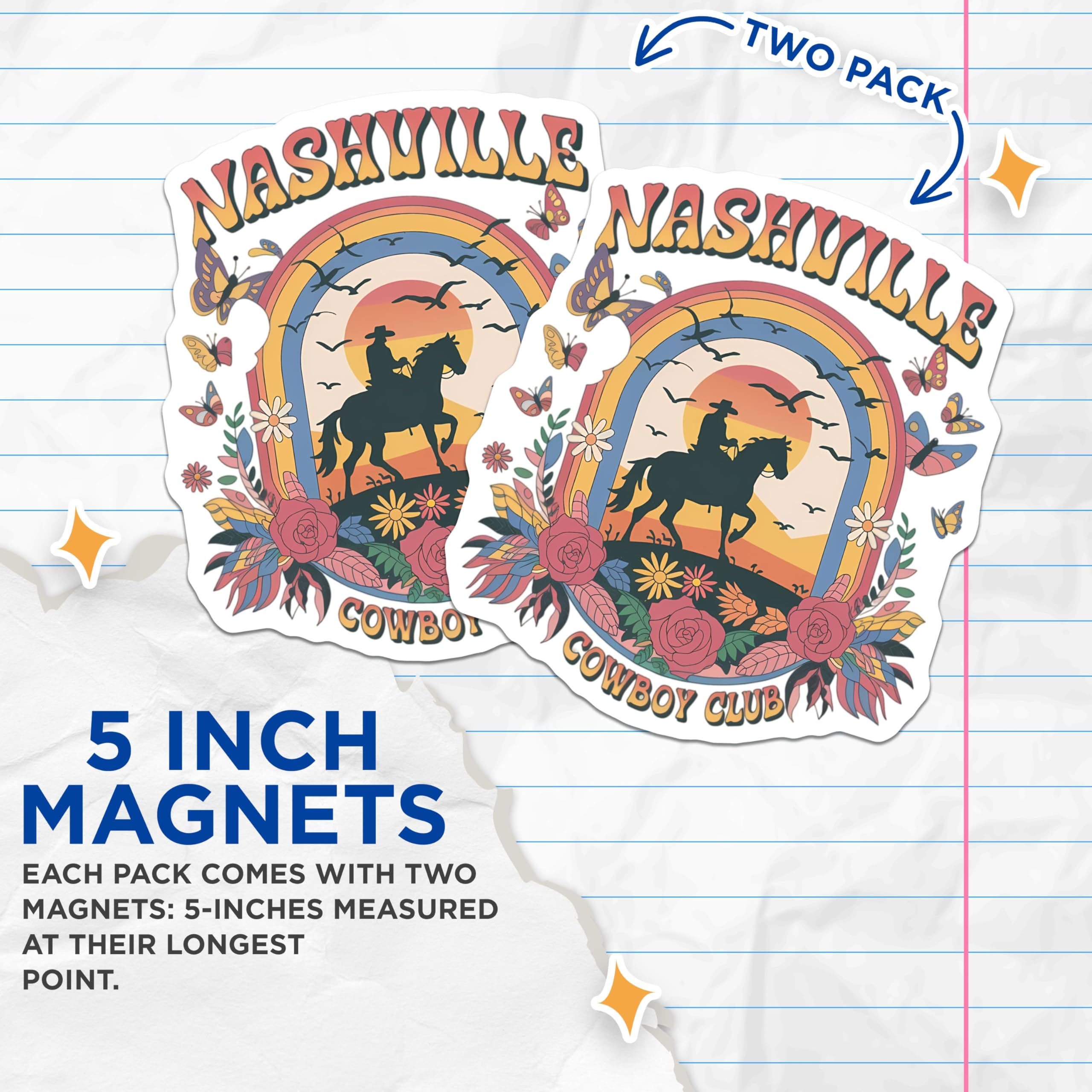 (2 Pack) Nashville Cowboy Magnets - Retro Western Horse Rainbow - Boho Country Aesthetic Decor - 5 Inches On Longest Side - Thick Durable Magnet - Made in USA - MAG20592