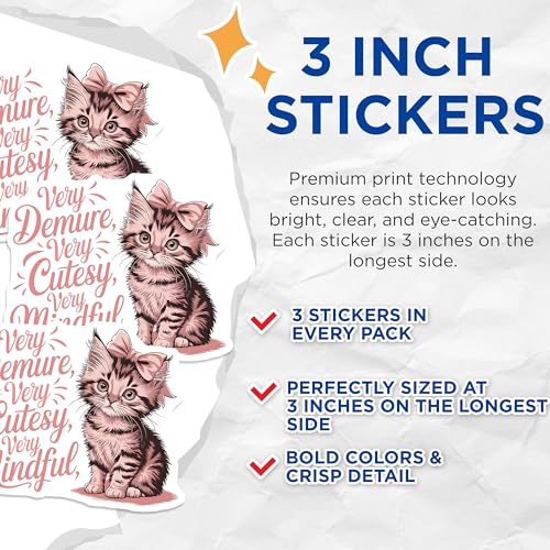 (3 Pack) Cute Kitten Decals - Very Demure Cutesy - Laptop Decal Stickers - 3 Inches On Longest Side - Easy Peel & Apply - Made in USA - 3MCS4309