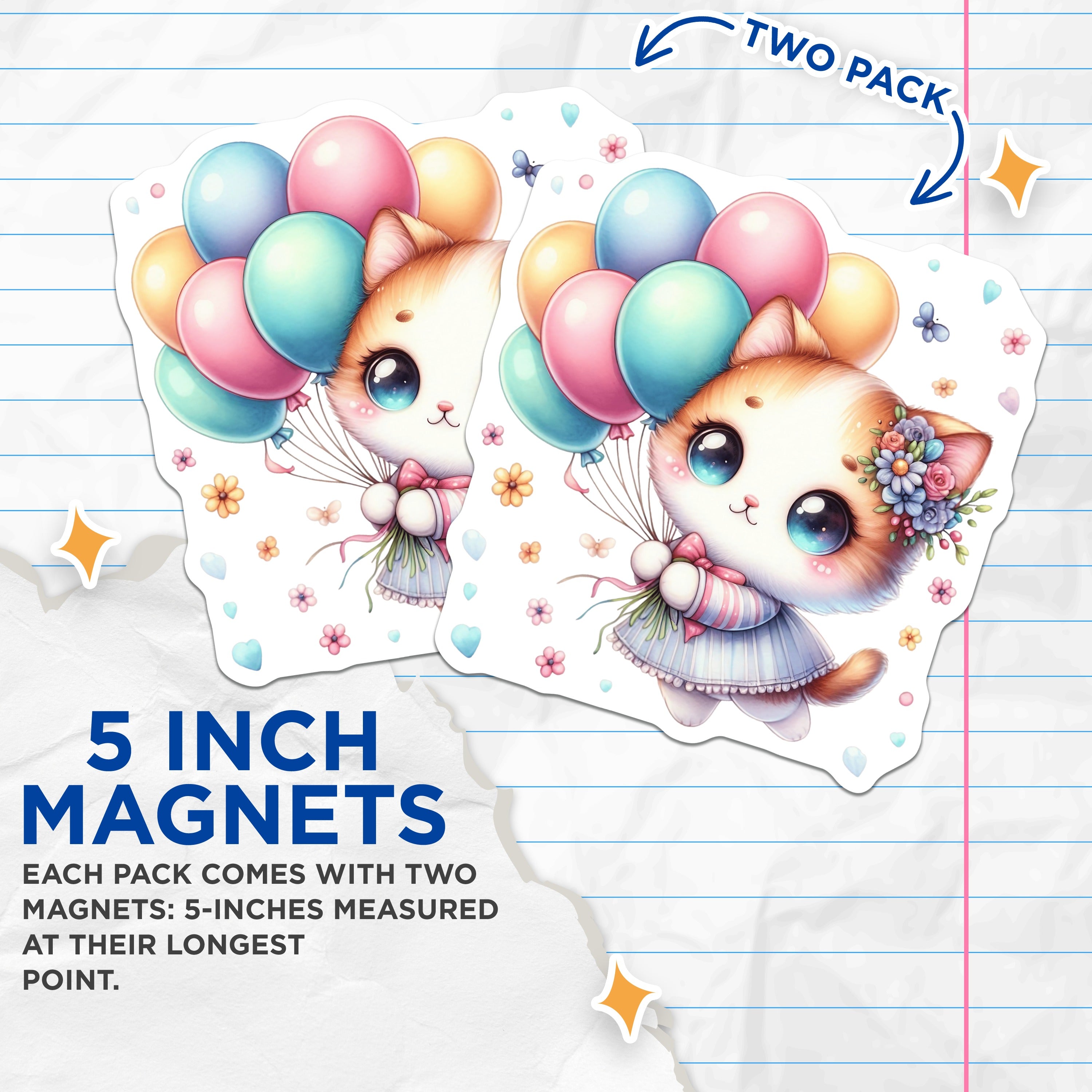 (2 Pack) Kawaii Kitten Balloons Magnets - Cute Cat Decor - Animal Lover Fridge Decor - Chibi Aesthetic Accents - 5 Inches On Longest Side - Thick Durable Magnet - Made in USA - MAG36313