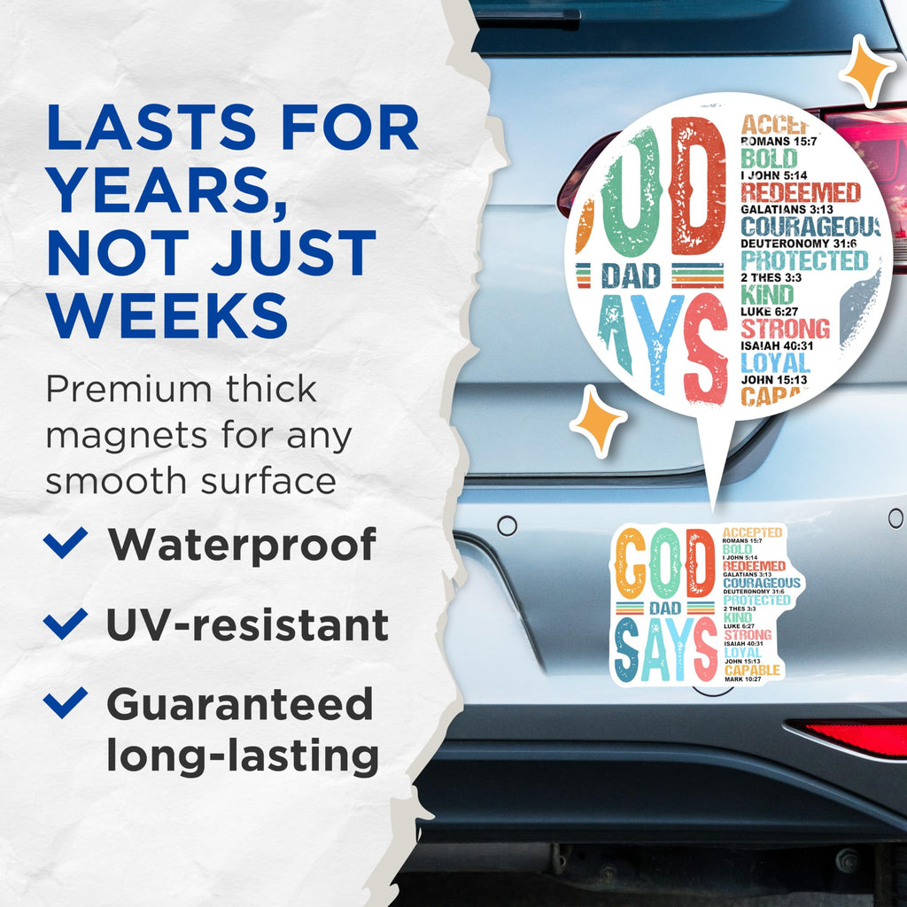 (2 Pack) God Dad Says Magnets - Christian Father Affirmations - Religious Scripture Home Decor - Faith Based Identity - 5 Inches On Longest Side - Thick Durable Magnet - Made in USA - MAG24205