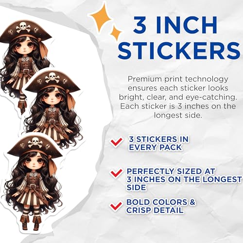 (3 Pack) Anime Pirate Decals - Chibi Girl Stickers - Cute Laptop Decal - 3 Inches On Longest Side - Easy Peel & Apply - Made in USA - 3MCS6027