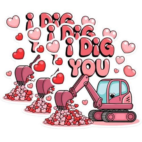 (3 Pack) I Dig You Decals - Excavator Valentines Day - Heart Construction Machine Decal - 3 Inches On Longest Side - Easy Peel & Apply - Made in USA - 3MCS1750