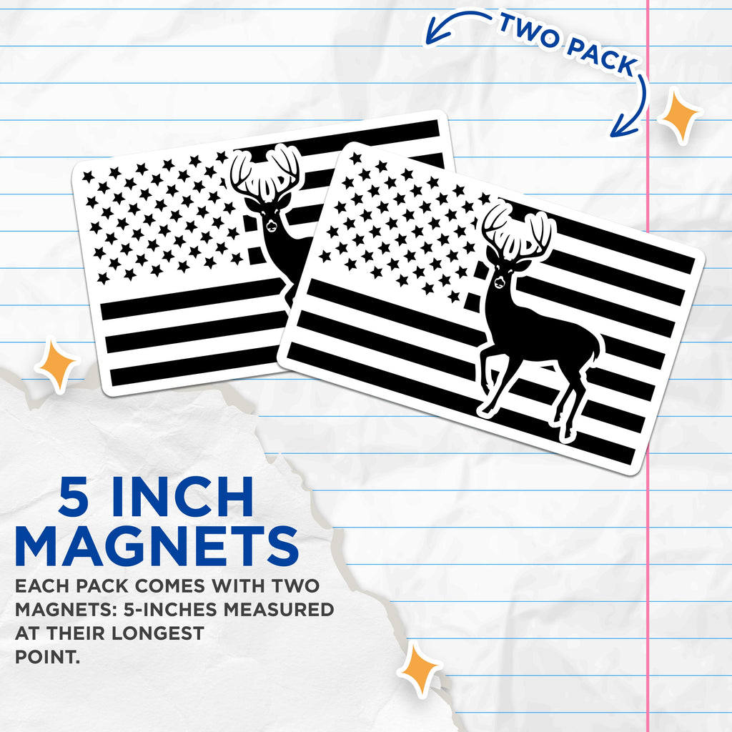(2 Pack) American Flag Buck Magnets - Hunter Outdoorsman Decor - Patriotic Vehicle Fridge Accent - 5 Inches On Longest Side - Thick Durable Magnet - Made in USA - MAG38318