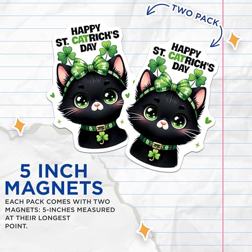 (2 Pack) Happy St Catrick's Day Magnets - Black Cat with Shamrock - St Patrick's Day Cat Decor - 5" On Longest Side - for Cars, Fridges, Toolboxes - Made in USA - MAG8101