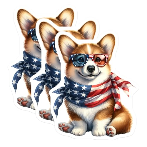(3 Pack) Patriotic Corgi Decals - USA Flag Dog - Laptop Decals- 3 Inches On Longest Side - Easy Peel & Apply - Made in USA - 3MCS5275