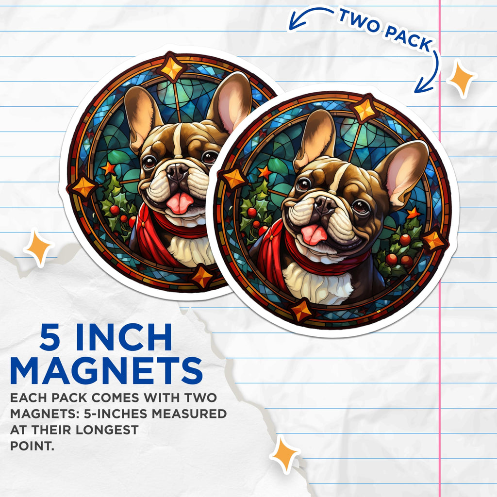 (2 Pack) French Bulldog Magnets - Stained Glass Dog Art - Christmas Holiday Pet Decor - 5 Inches On Longest Side - Thick Durable Magnet - Made in USA - MAG24606