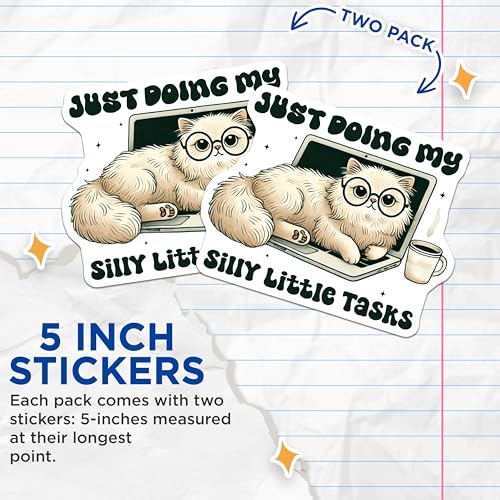 (2 Pack) Just Doing My Silly Little Tasks Stickers - Cute Cat Laptop Stickers - Funny Coffee Stickers - 5" On Longest Side - Sticks to Smooth Flat Surfaces - Made in USA - BMCS3709