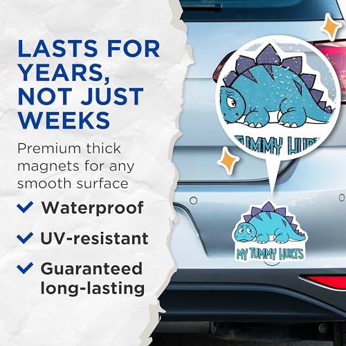 (2 Pack) My Tummy Hurts Magnets - Dinosaur - Cute Animal for Kids - Refrigerator Decor - 5" On Longest Side - for Cars, Fridges, Toolboxes - Made in USA - MAG6743