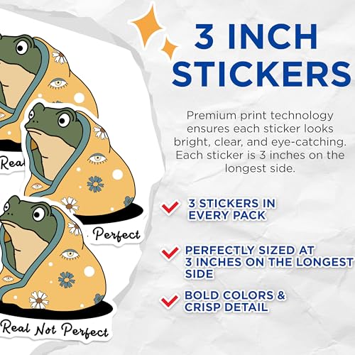 (3 Pack) Frog Blanket Decals - Be Real Not Perfect Decal - Cute Laptop Decal - 3 Inches On Longest Side - Easy Peel & Apply - Made in USA - 3MCS4660
