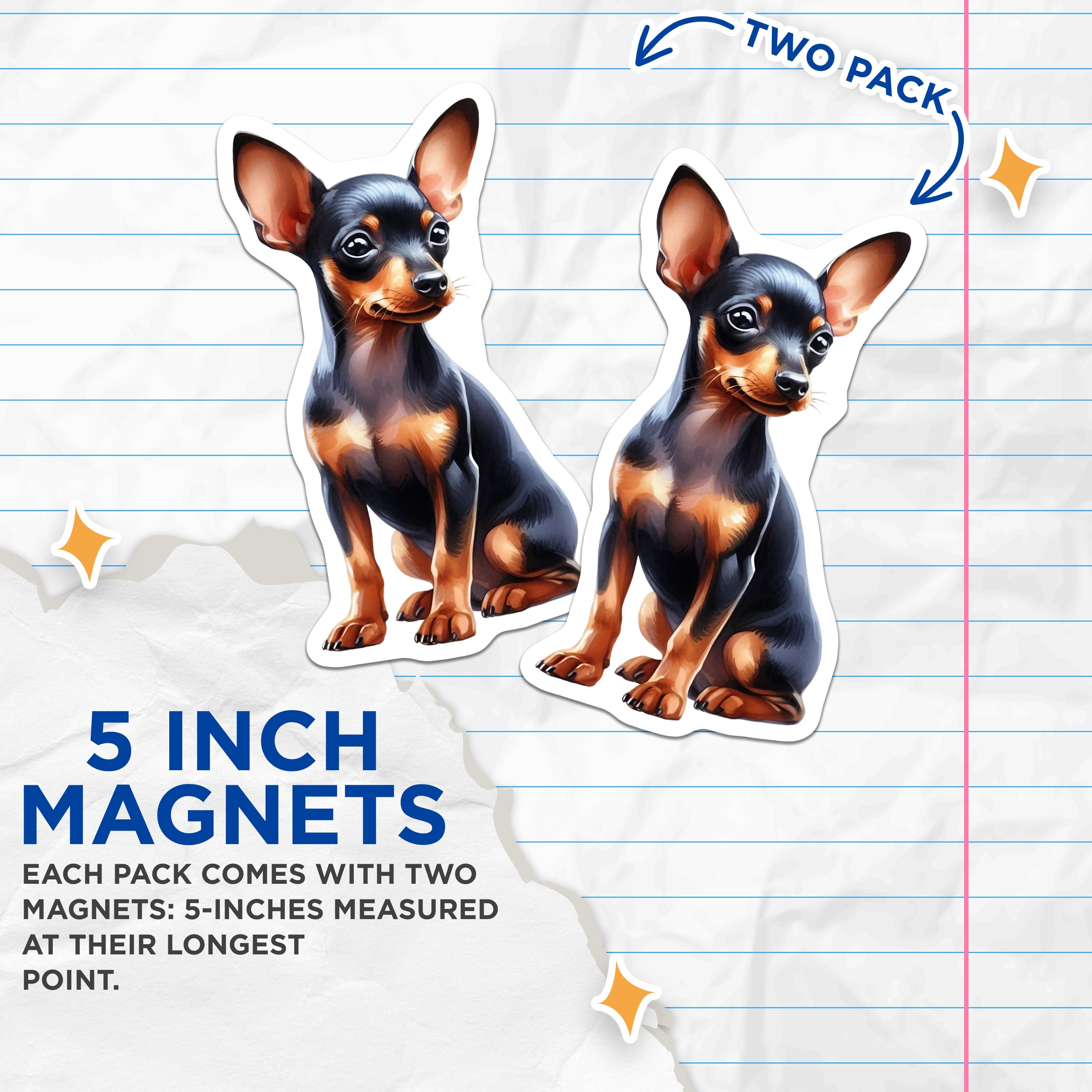 (2 Pack) Miniature Pinscher Dog Magnets - Cute Min Pin Art - Pet Lover Refrigerator Accent - 5 Inches On Longest Side - Thick Durable Magnet - Made in USA - MAG38731