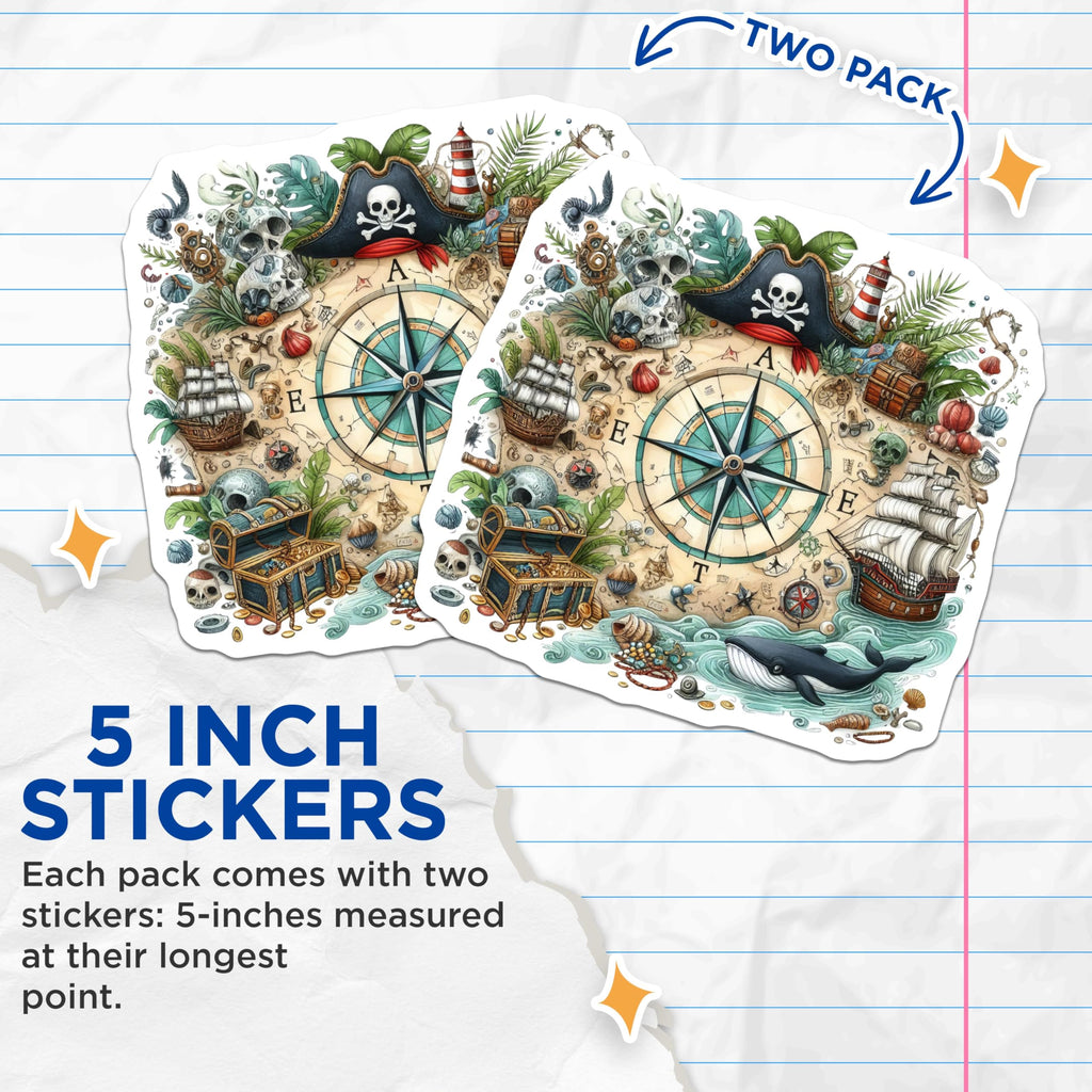 (2 Pack) Pirate Treasure Map Stickers - Adventure Decal - Nautical Sea Map Art - 5" On Longest Side - Sticks to Smooth Flat Surfaces - Made in USA - BMCS6641