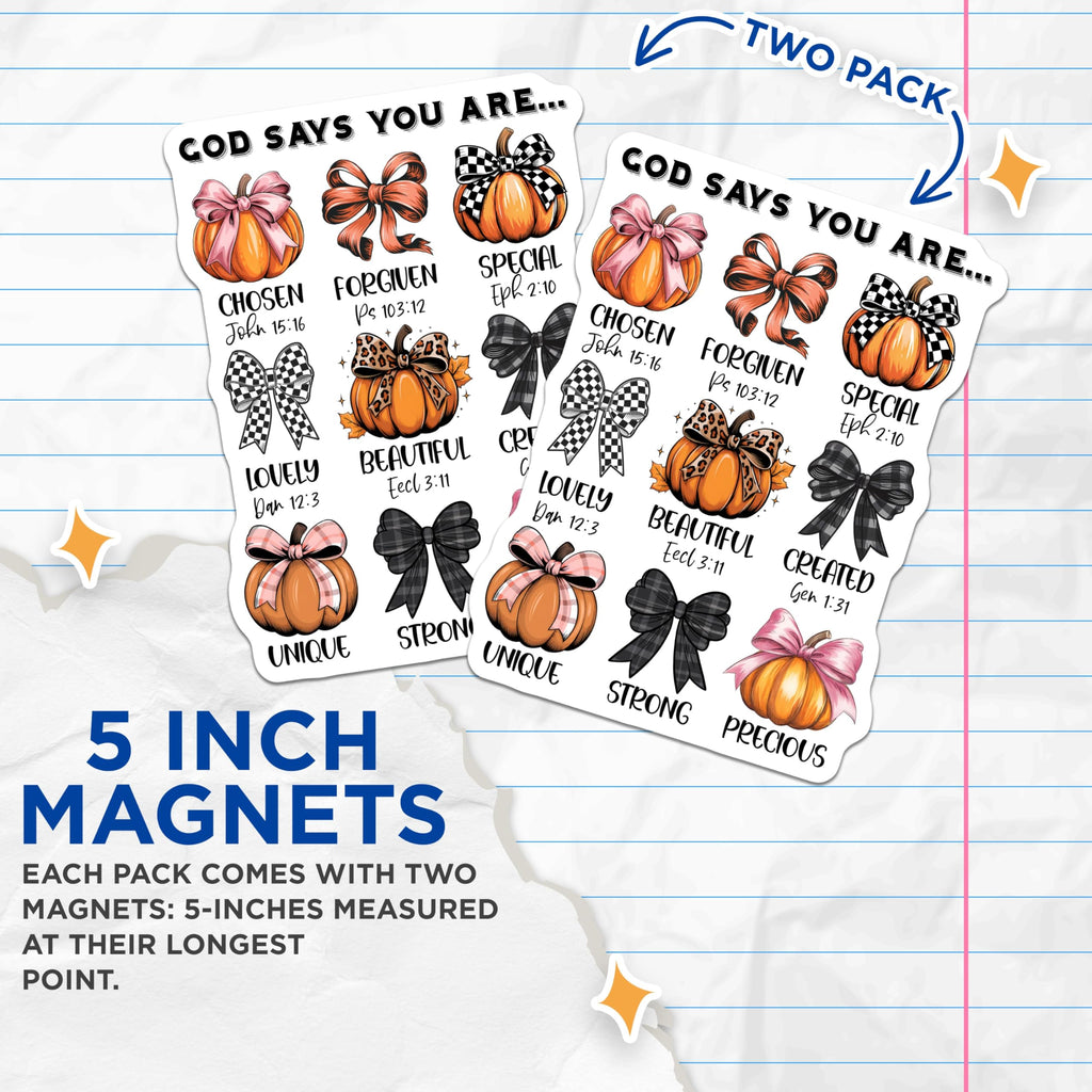(2 Pack) Plaid Leopard Pumpkin Magnets - Christian Fall Decor - Scripture Bible Verse Inspirational Magnets - 5 Inches On Longest Side - Thick Durable Magnet - Made in USA - MAG23279