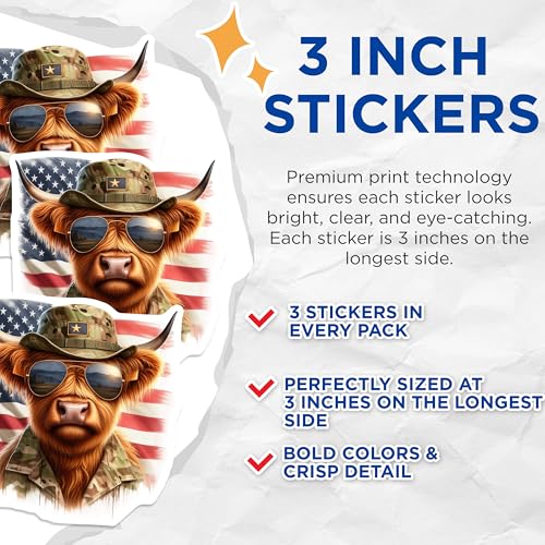 (3 Pack) American Highland Cow Decals - Patriotic Animal - Camo Hat Aviators Decals- 3 Inches On Longest Side - Easy Peel & Apply - Made in USA - 3MCS5132