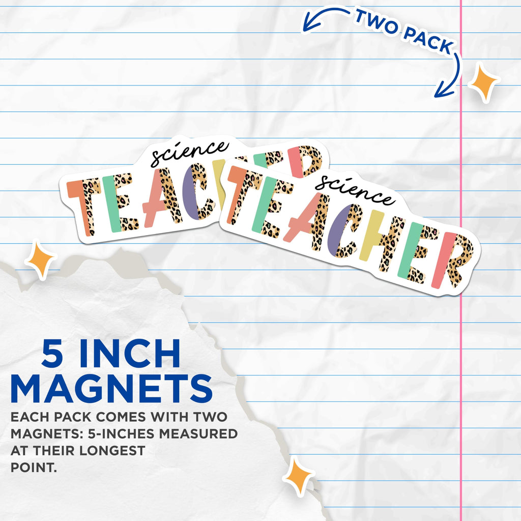 (2 Pack) Science Teacher Magnets - Leopard Print Classroom Decor - Fun Teacher Appreciation - Science Classroom Accessories - 5" On Longest Side - for Cars, Fridges, Toolboxes - Made in USA - MAG7838
