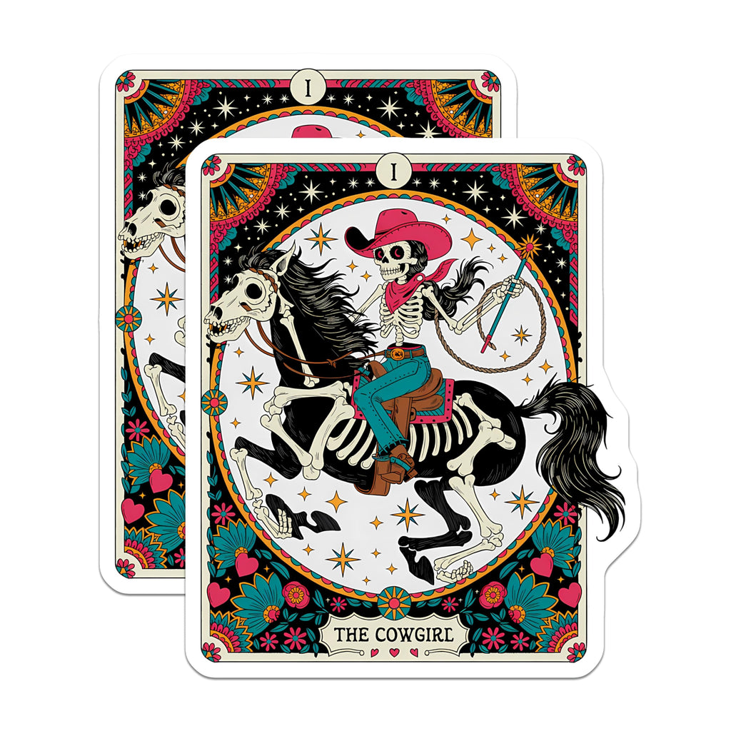 (2 Pack) Skeleton Cowgirl Magnets - Dia de Los Muertos Tarot Card - Western Horse Rider Art - 5 Inches On Longest Side - Thick Durable Magnet - Made in USA - MAG20202