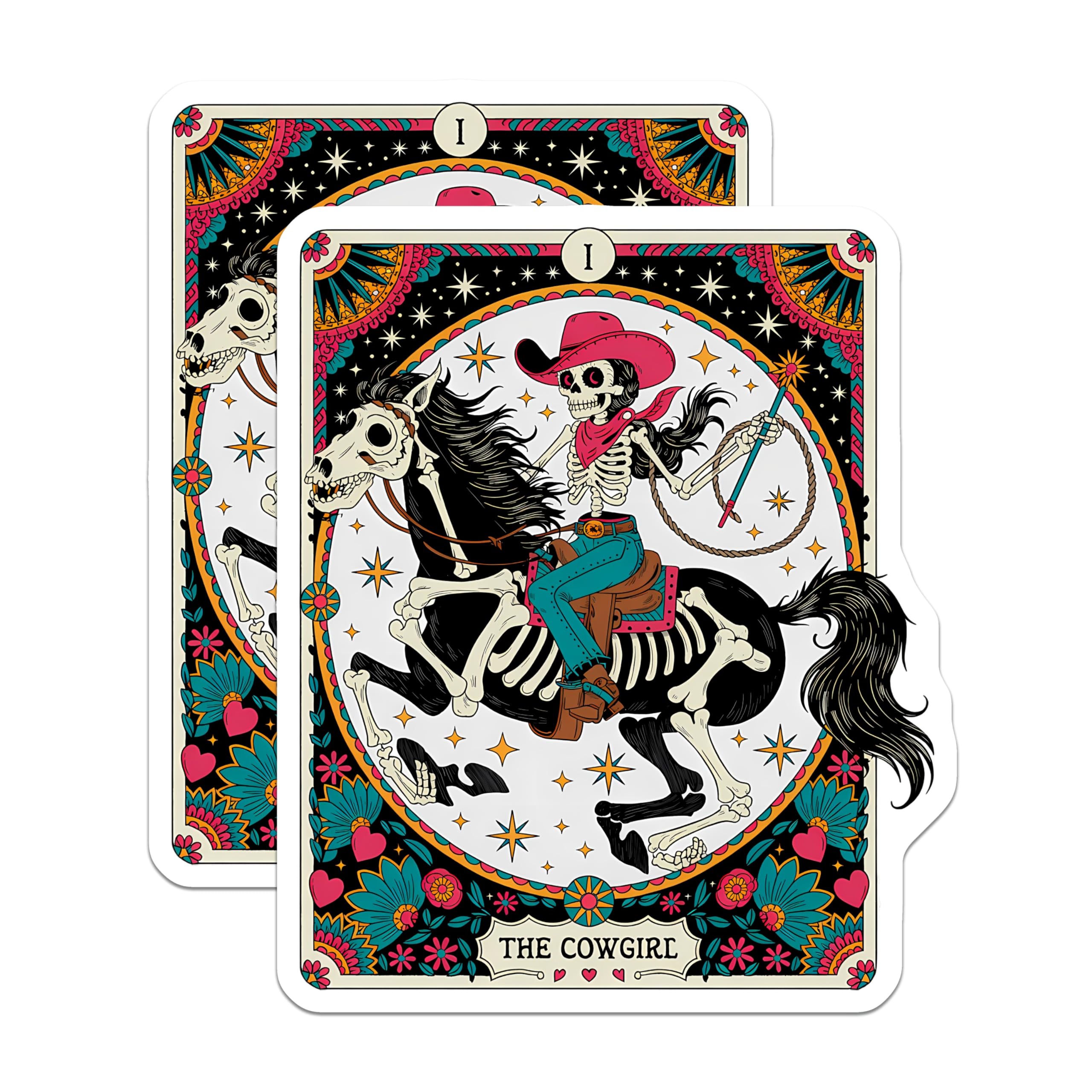 (2 Pack) Skeleton Cowgirl Magnets - Dia de Los Muertos Tarot Card - Western Horse Rider Art - 5 Inches On Longest Side - Thick Durable Magnet - Made in USA - MAG20202