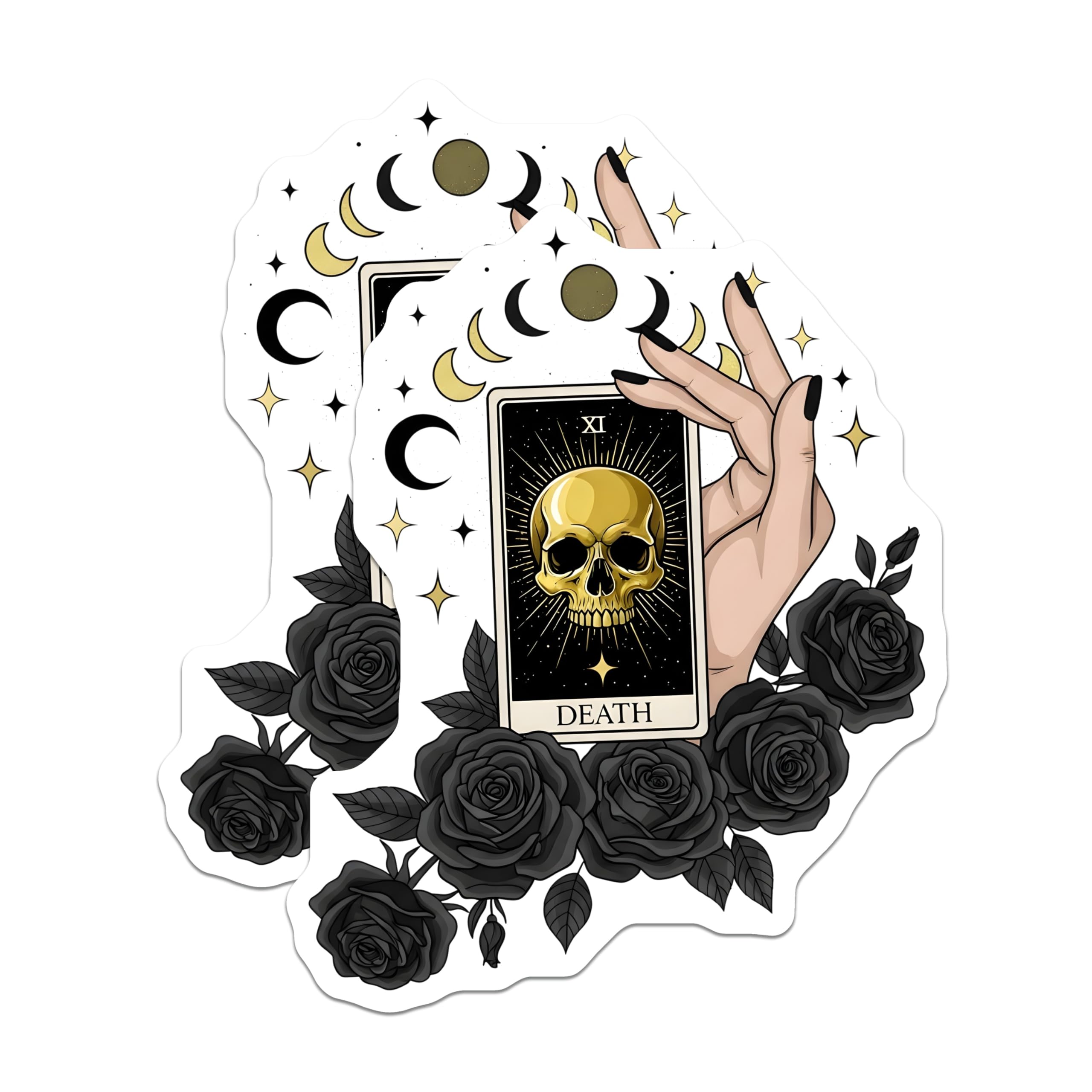 (2 Pack) Death Tarot Card Magnets - Golden Skull Occult Hand Art - Celestial Moon Star Witchy Goth Rose Fridge Accessories - 5 Inches On Longest Side - Thick Durable Magnet - Made in USA - MAG19286