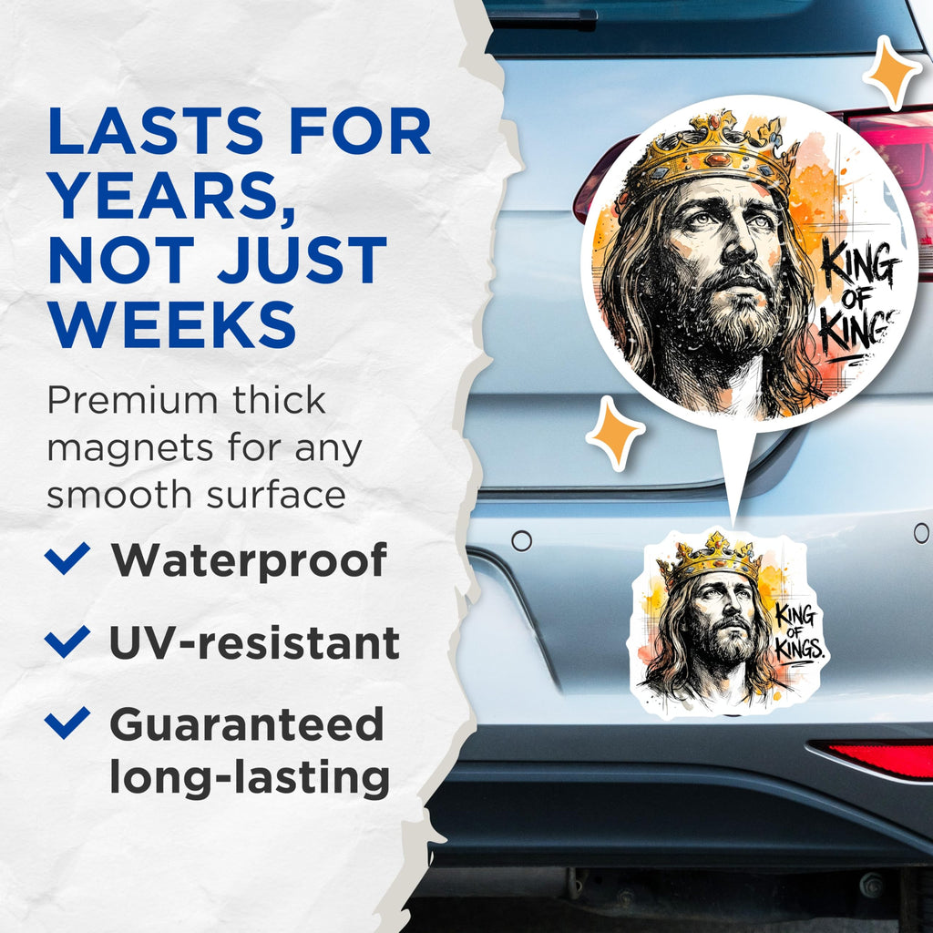 (2 Pack) King of Kings Magnets - Jesus Christ Artwork - Christian Faith Decor - Spiritual Message Display - 5 Inches On Longest Side - Thick Durable Magnet - Made in USA - MAG19843