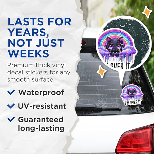 (2 Pack) Rainbow Cat I'm Over It Stickers - Cute Cat Stickers - Rainbow Dripping Stickers - 5" On Longest Side - Sticks to Smooth Flat Surfaces - Made in USA - BMCS4586