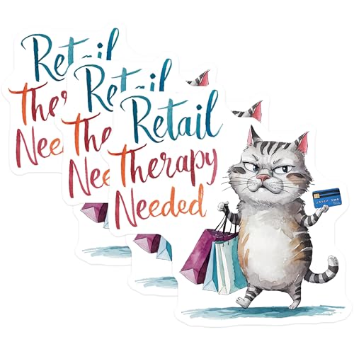 (3 Pack) Retail Therapy Cat Decals - Funny Shopping Sticker - Grumpy Cat Laptop Decal - 3 Inches On Longest Side - Easy Peel & Apply - Made in USA - 3MCS7320