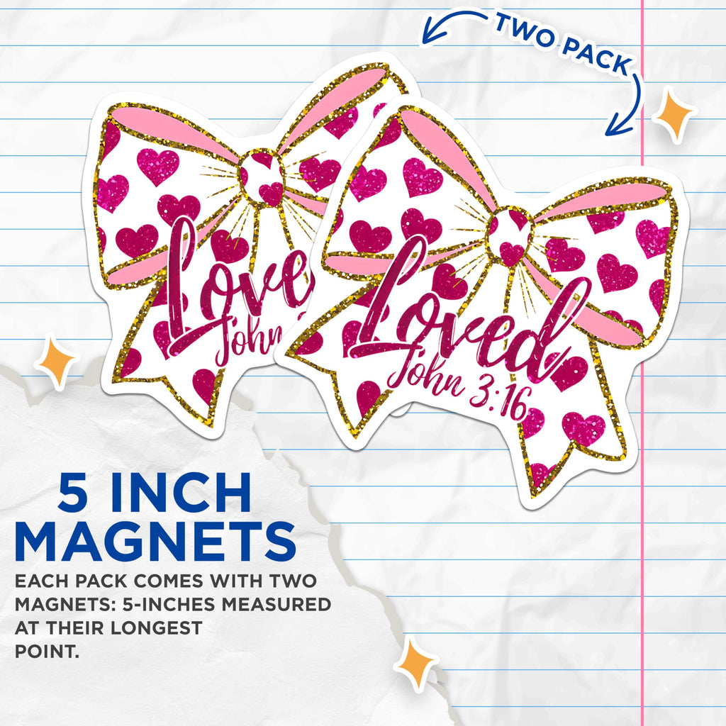 (2 Pack) Loved John 3:16 Magnets - Faith Heart Bow Magnets - Christian Decor Magnets - 5" On Longest Side - for Cars, Refrigerators, Toolboxes, Lockers - Made in USA BMCS3079