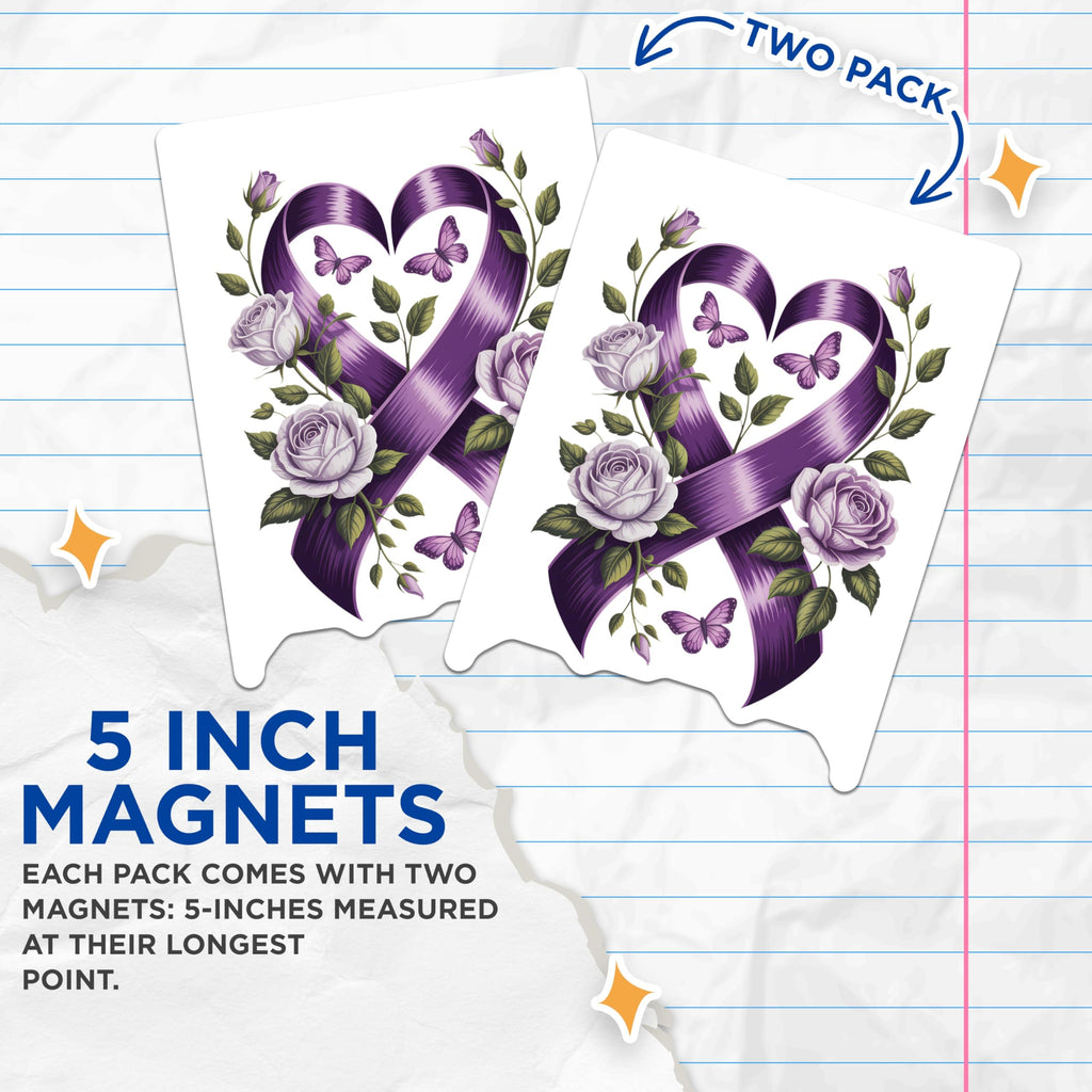 (2 Pack) Purple Ribbon Magnets - Butterfly Rose Magnets - Awareness Magnets - 5" On Longest Side - Premium Magnet - for Cars, Refrigerators, Toolboxes, Lockers - Made in USA - MAG15586
