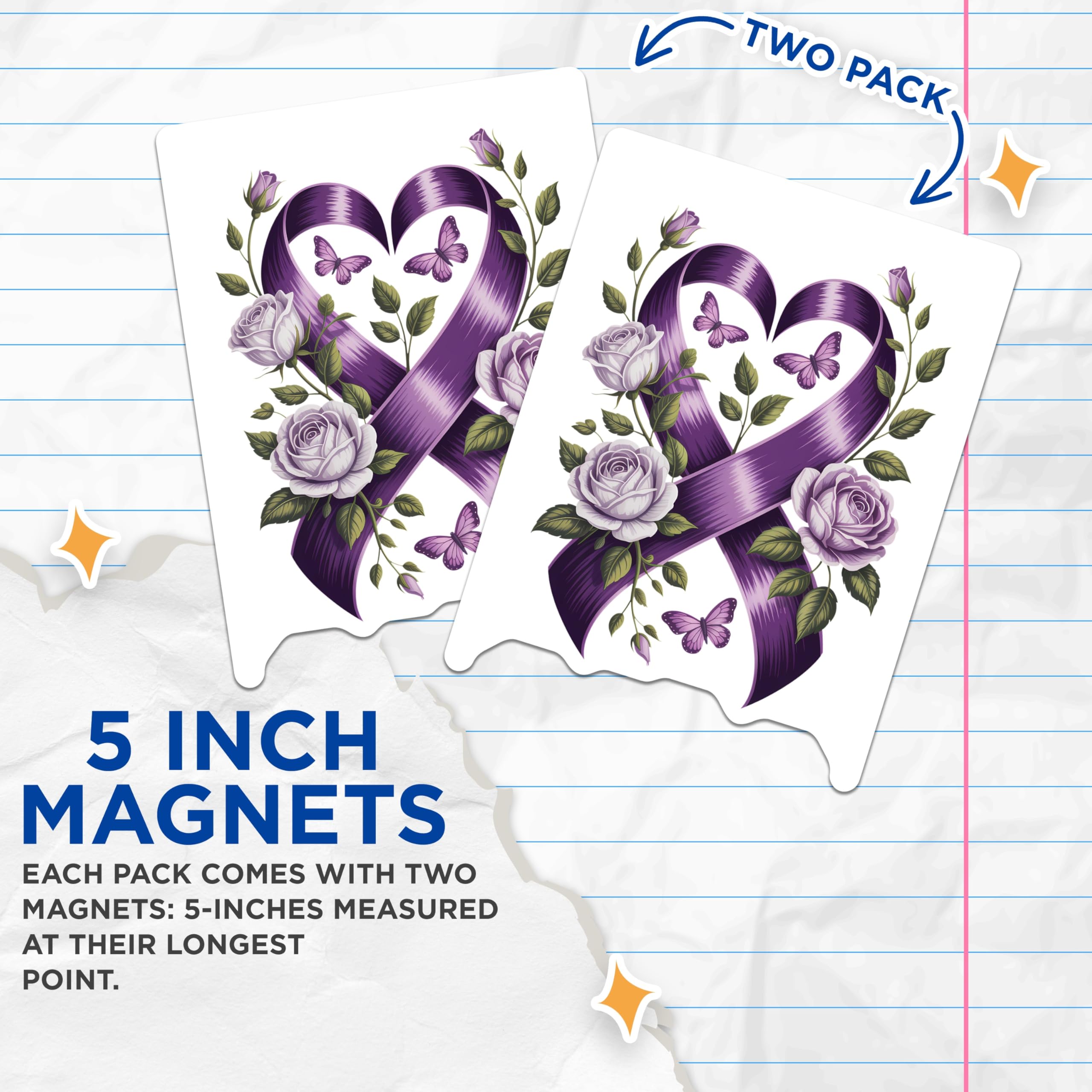 (2 Pack) Purple Ribbon Magnets - Butterfly Rose Magnets - Awareness Magnets - 5" On Longest Side - Premium Magnet - for Cars, Refrigerators, Toolboxes, Lockers - Made in USA - MAG15586