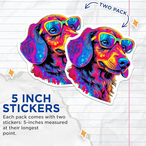 (2 Pack) Colorful Dachshund Dog Stickers - Cool Dog Shades - Vibrant Canine Art - 5" On Longest Side - Sticks to Smooth Flat Surfaces - Made in USA - BMCS7243