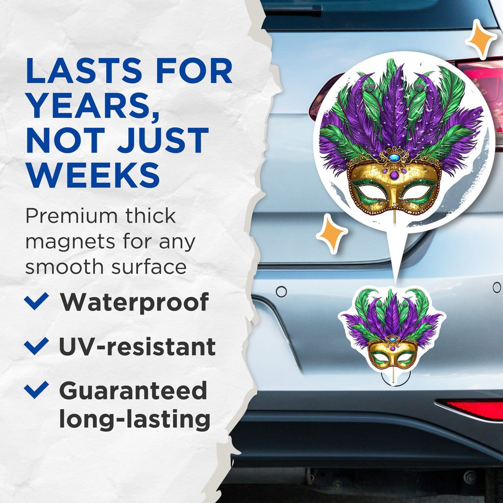 (2 Pack) Mardi Gras Mask Magnets - New Orleans Decor - Festive Party Favors - Masquerade Design Magnets - 5 Inches On Longest Side - Thick Durable Magnet - Made in USA - MAG39977