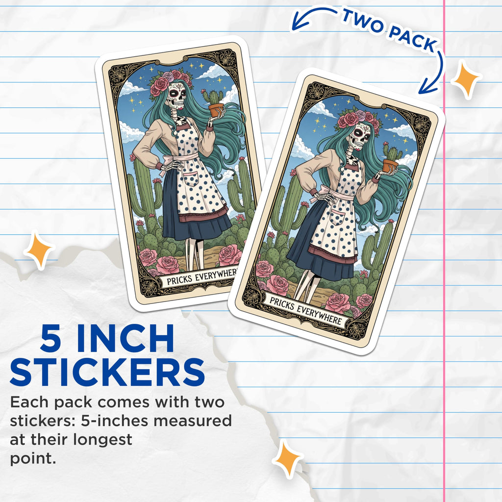 (2 Pack) Sugar Skull Stickers - Funny Skeleton - Pricks Everywhere Decal - 5" On Longest Side - Sticks to Smooth Flat Surfaces - Made in USA - BMCS15322