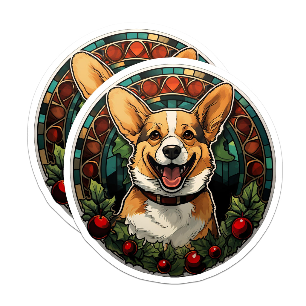 (2 Pack) Corgi Christmas Magnets - Stained Glass Art Style Holiday Dog Fridge Decor - Cute Pet Owner Accessory - 5 Inches On Longest Side - Thick Durable Magnet - Made in USA - MAG25685