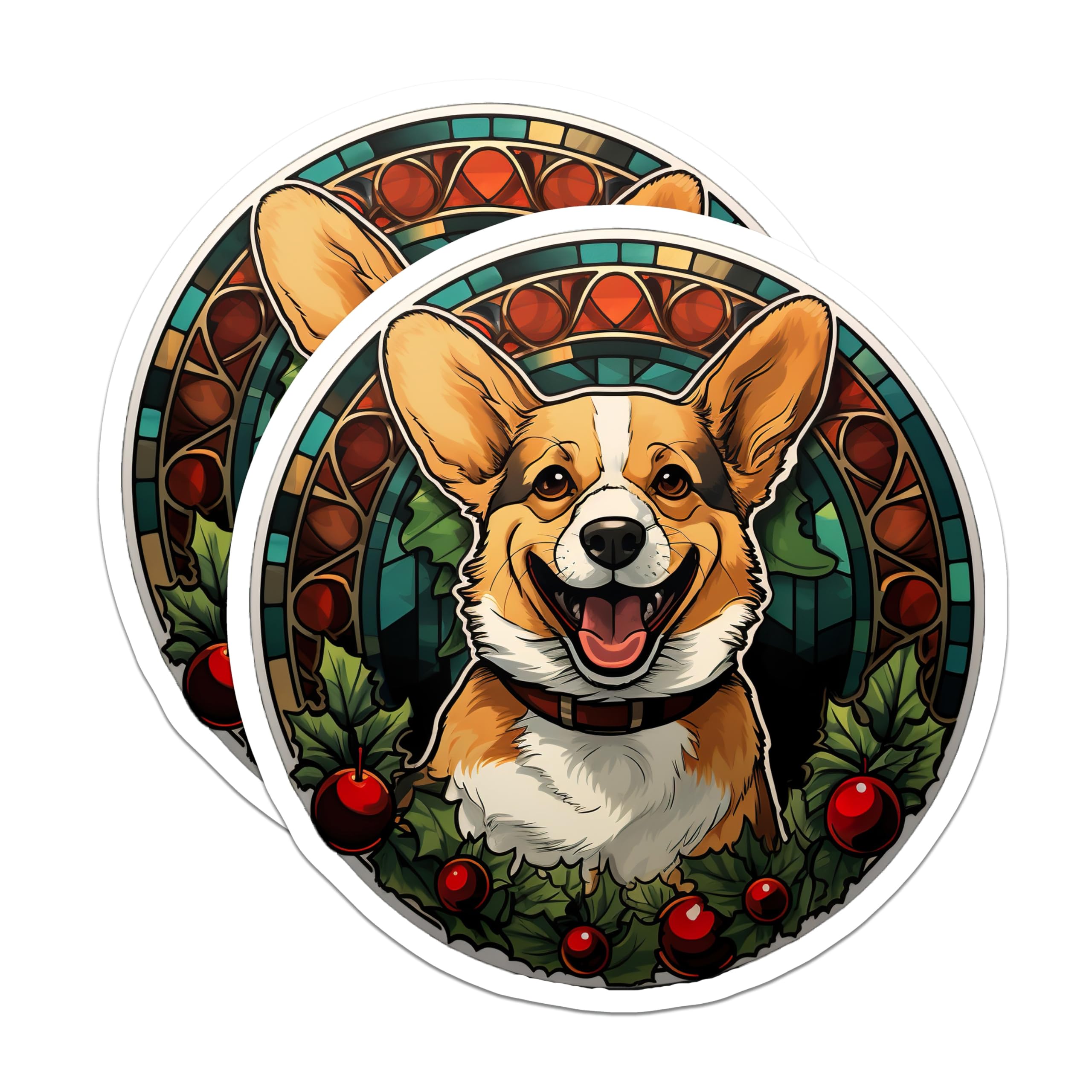 (2 Pack) Corgi Christmas Magnets - Stained Glass Art Style Holiday Dog Fridge Decor - Cute Pet Owner Accessory - 5 Inches On Longest Side - Thick Durable Magnet - Made in USA - MAG25685