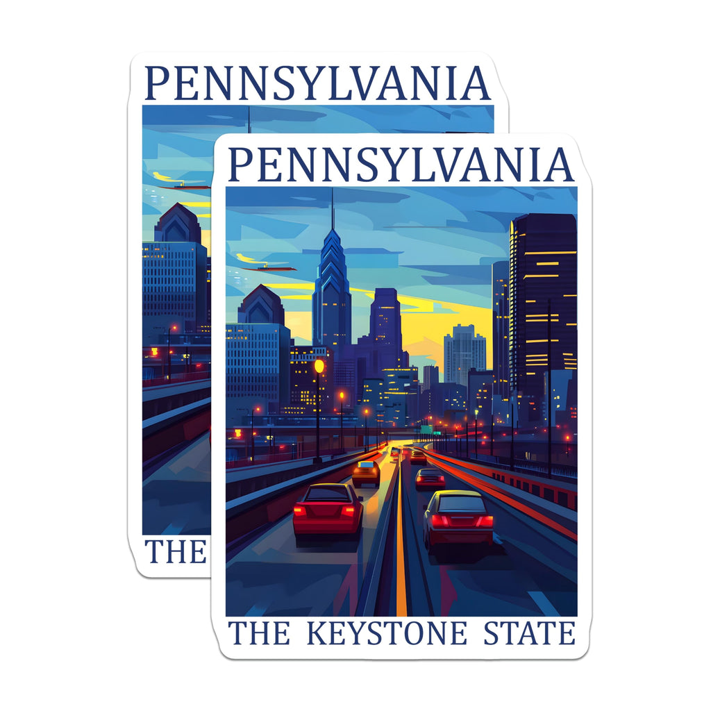 (2 Pack) Pennsylvania State Magnets - Philadelphia Cityscape View Art - Keystone State Travel Poster Decor - 5 Inches On Longest Side - Thick Durable Magnet - Made in USA - MAG19425