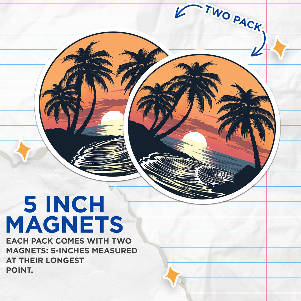 (2 Pack) Tropical Sunset Beach Magnets - Palm Tree Ocean Scene Art - Summer Vacation Refrigerator Decor Aesthetic - 5 Inches On Longest Side - Thick Durable Magnet - Made in USA - MAG39592