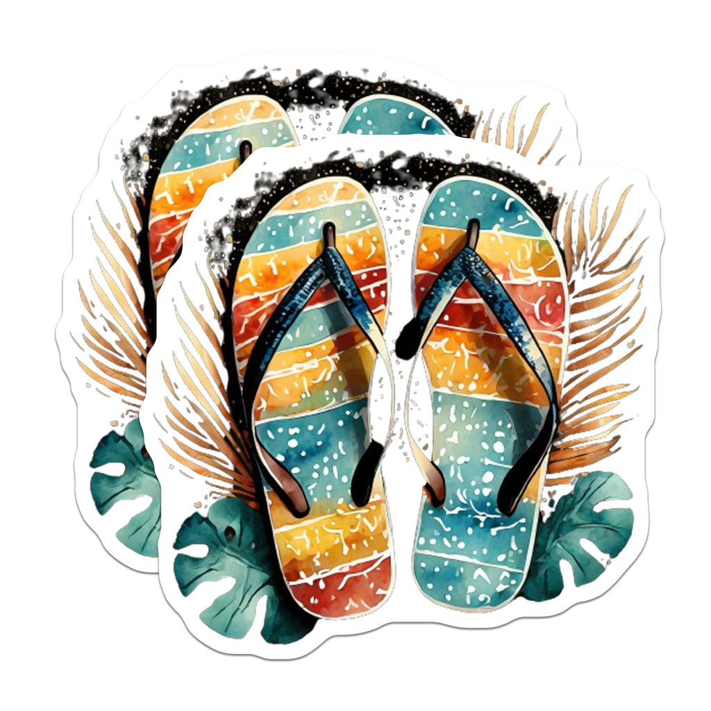 (2 Pack) Beach Flip Flop Stickers - Summer Vibes - Tropical Vacation - 5" On Longest Side - Sticks to Smooth Flat Surfaces - Made in USA - BMCS9324