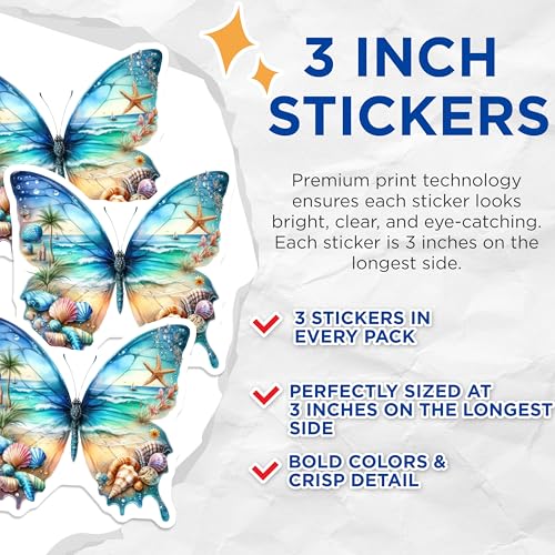 (3 Pack) Butterfly Decals - Beach Scene Decal - Ocean Decal- 3 Inches On Longest Side - Easy Peel & Apply - Made in USA - 3MCS5480