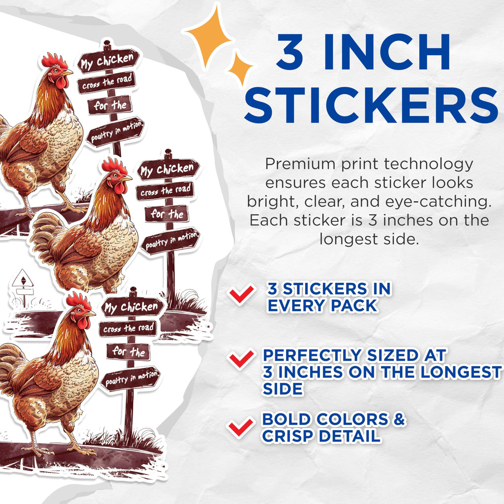 (3 Pack) Funny Chicken Decals - Poultry in Motion - Laptop Decal - 3 Inches On Longest Side - Easy Peel & Apply - Made in USA - 3MCS1462