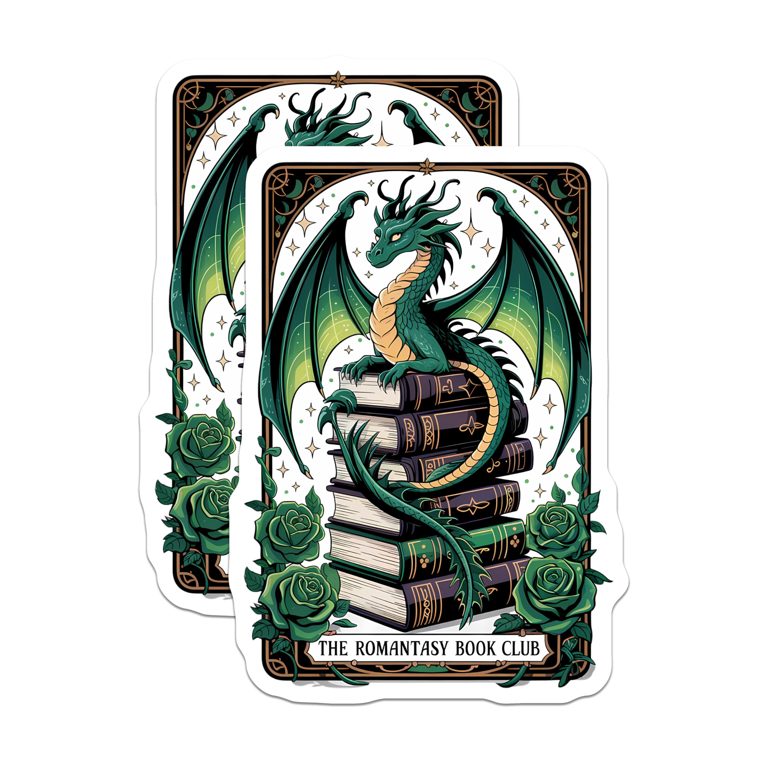 (2 Pack) Romantasy Book Club Stickers - Green Dragon on Books - Fantasy Reader Literary Decal - 5" On Longest Side - Sticks to Smooth Flat Surfaces - Made in USA - BMCS21337