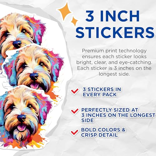 (3 Pack) Wheaten Terrier Decals - Colorful Dog Art - Laptop Decals - 3 Inches On Longest Side - Easy Peel & Apply - Made in USA - 3MCS0833
