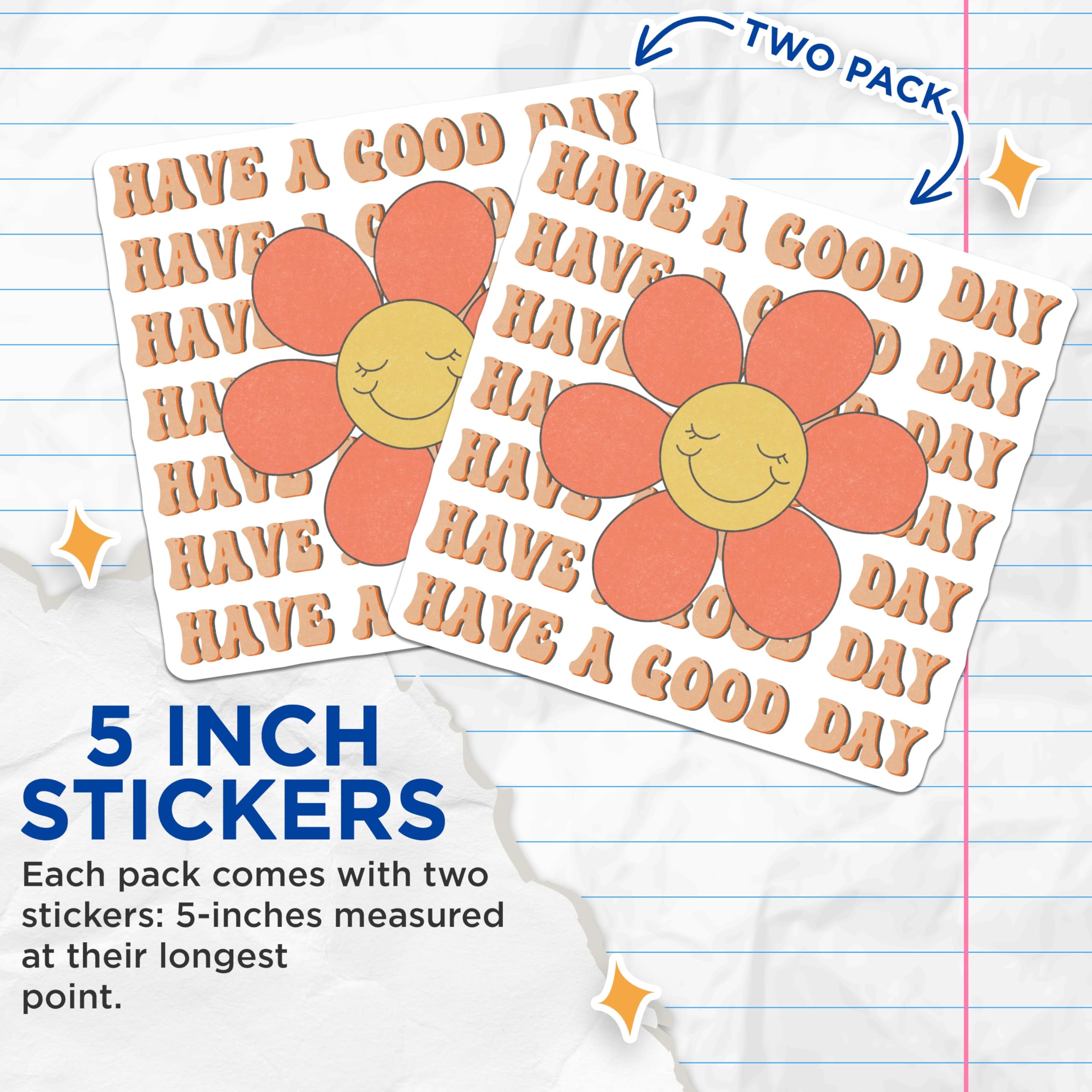 (2 Pack) Good Day Stickers - Retro Flower - Smiley Face - 5" On Longest Side - Sticks to Smooth Flat Surfaces - Made in USA - BMCS15026