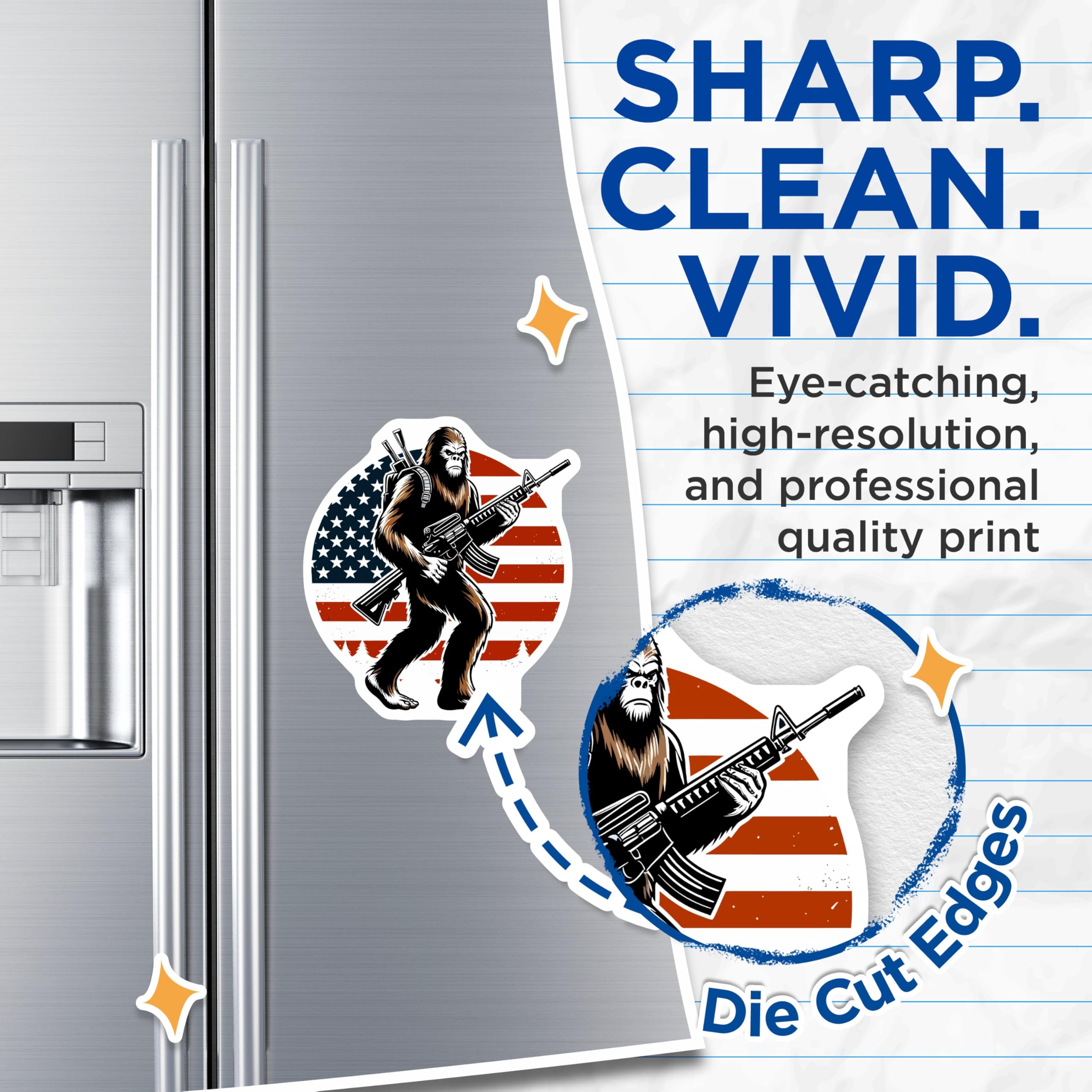 (2 Pack) Bigfoot Magnets - Patriotic Sasquatch - American Flag Cryptid Decor - 5 Inches On Longest Side - Thick Durable Magnet - Made in USA - MAG21720