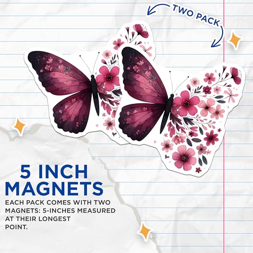 (2 Pack) Pink Butterflies Magnet - Floral Home Decor - 5" On Longest Side - Sticks to Smooth Flat Surfaces - Made in USA - MAG9743