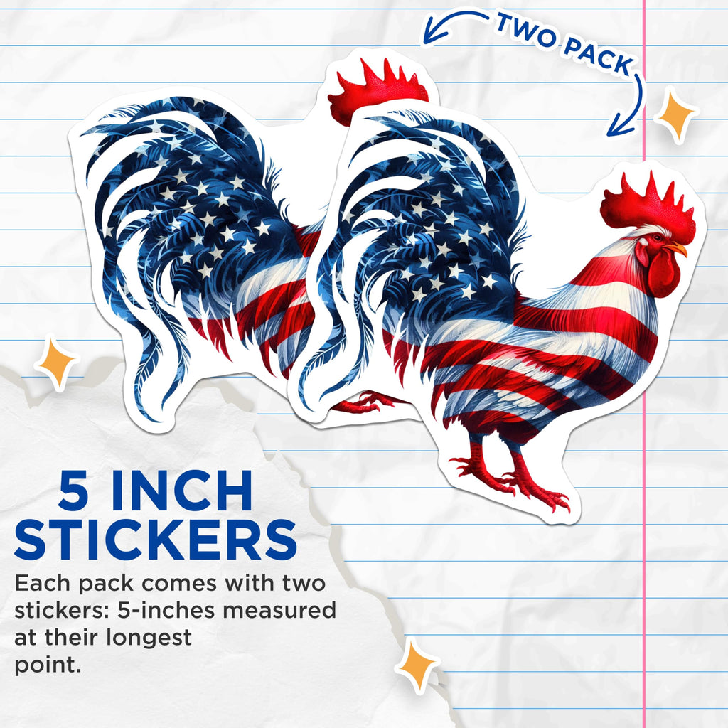 (2 Pack) Patriotic Rooster Stickers - American Flag Rooster - USA Pride Sticker - 5" On Longest Side - Sticks to Smooth Flat Surfaces - Made in USA - BMCS7085