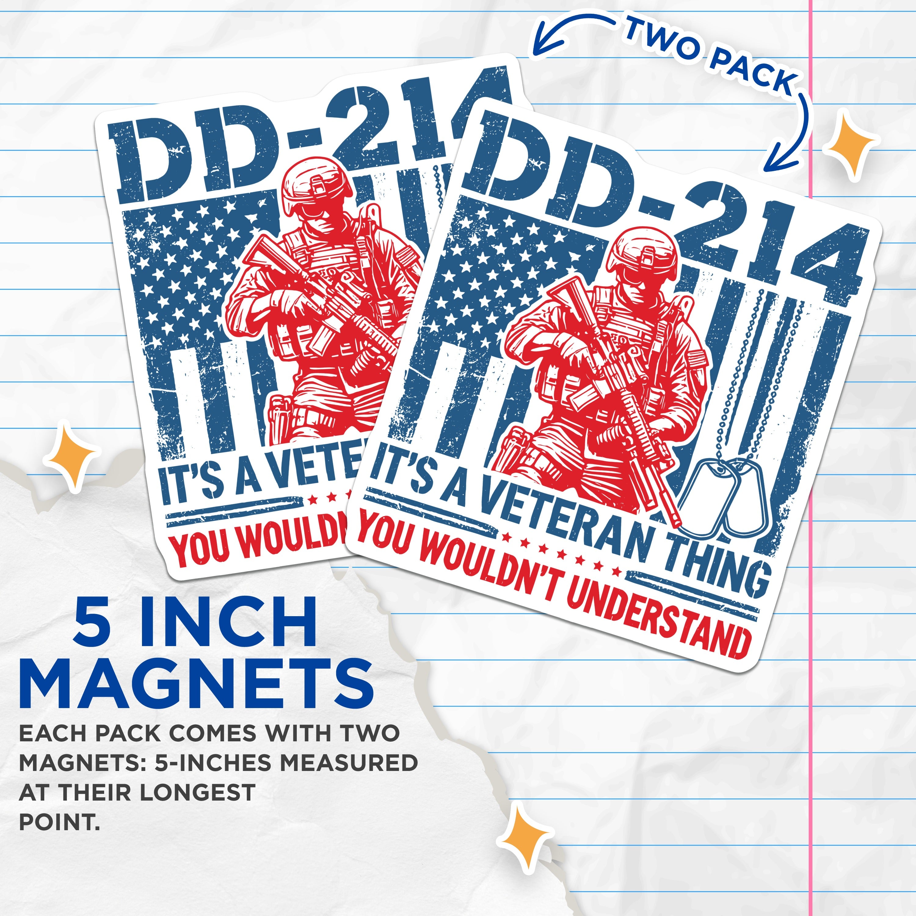 (2 Pack) DD-214 Veteran Magnets - Military Service Member - Patriotic American Flag Art - 5 Inches On Longest Side - Thick Durable Magnet - Made in USA - MAG36093