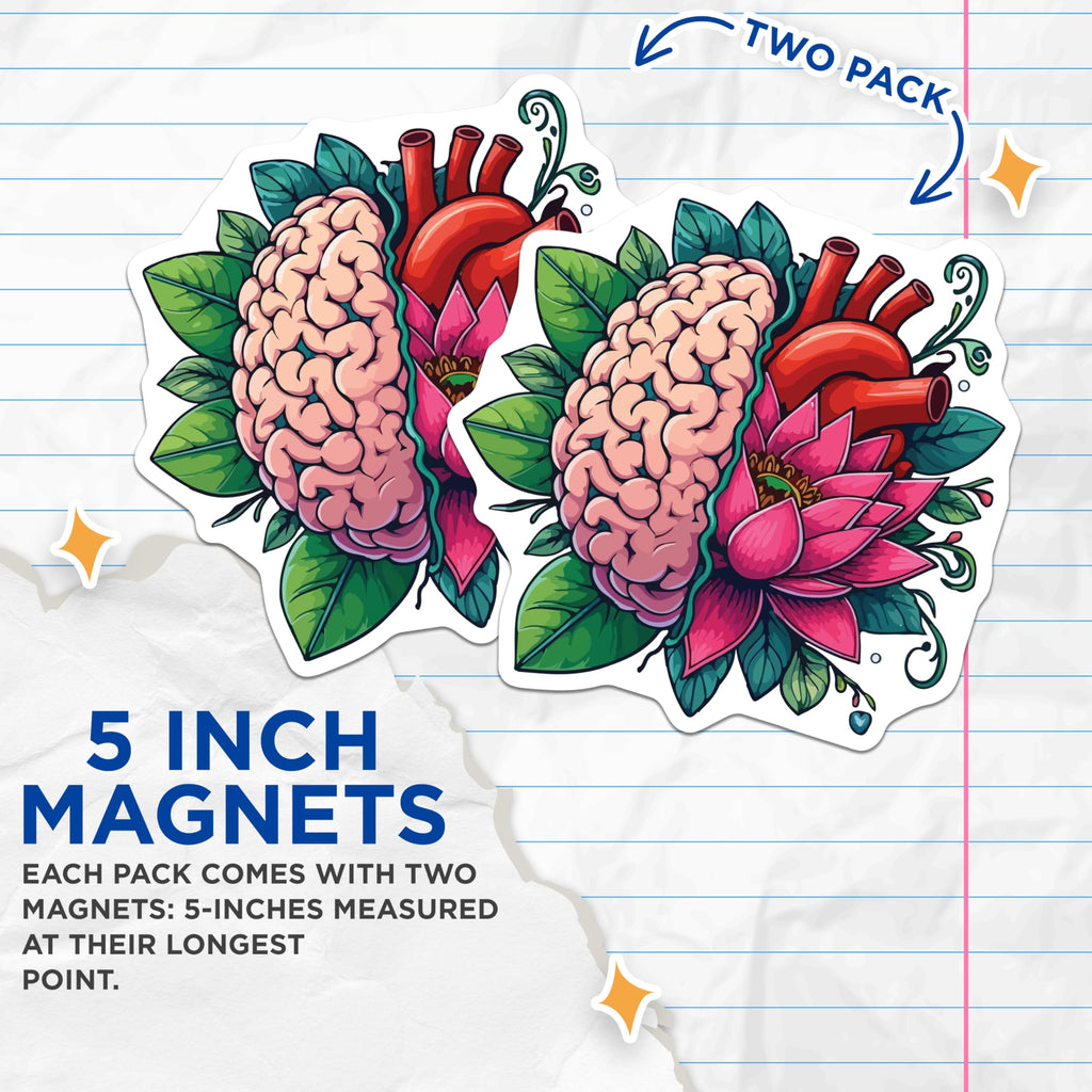 (2 Pack) Brain Heart Lotus Magnets - Anatomical Art Magnet - Mind Body Spirit Decor - 5 Inches On Longest Side - Thick Durable Magnet - Made in USA - MAG20084