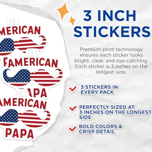 (3 Pack) All American Papa Decals - Patriotic Mustache - USA Flag Decals - 3 Inches On Longest Side - Easy Peel & Apply - Made in USA - 3MCS7262