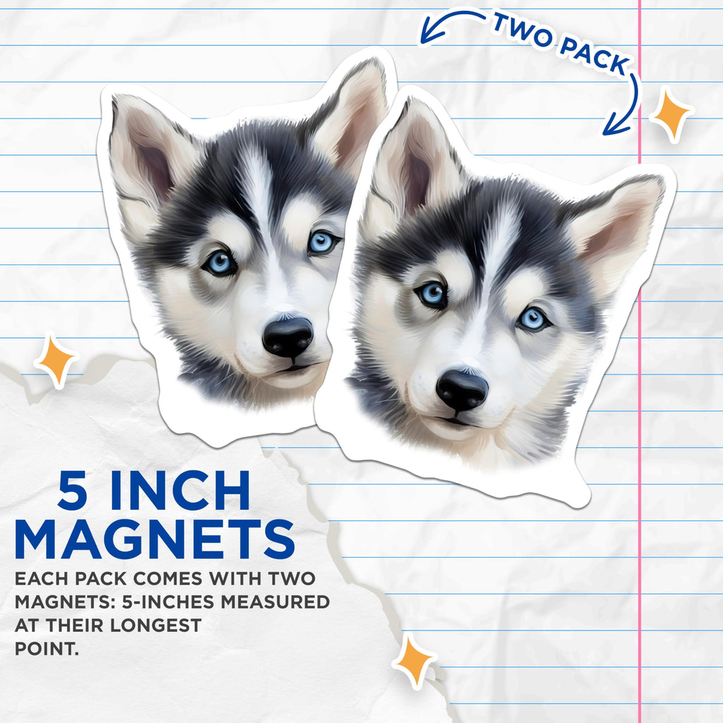 (2 Pack) Siberian Husky Magnets - Adorable Puppy Art - Pet Lover Home Accent - 5 Inches On Longest Side - Thick Durable Magnet - Made in USA - MAG25245
